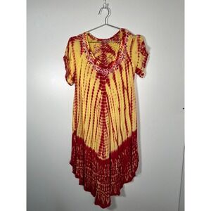 Hippie Chic Tie Dye Tunic Dress Red Yellow Boho Crochet Embroidered Short Sleeve